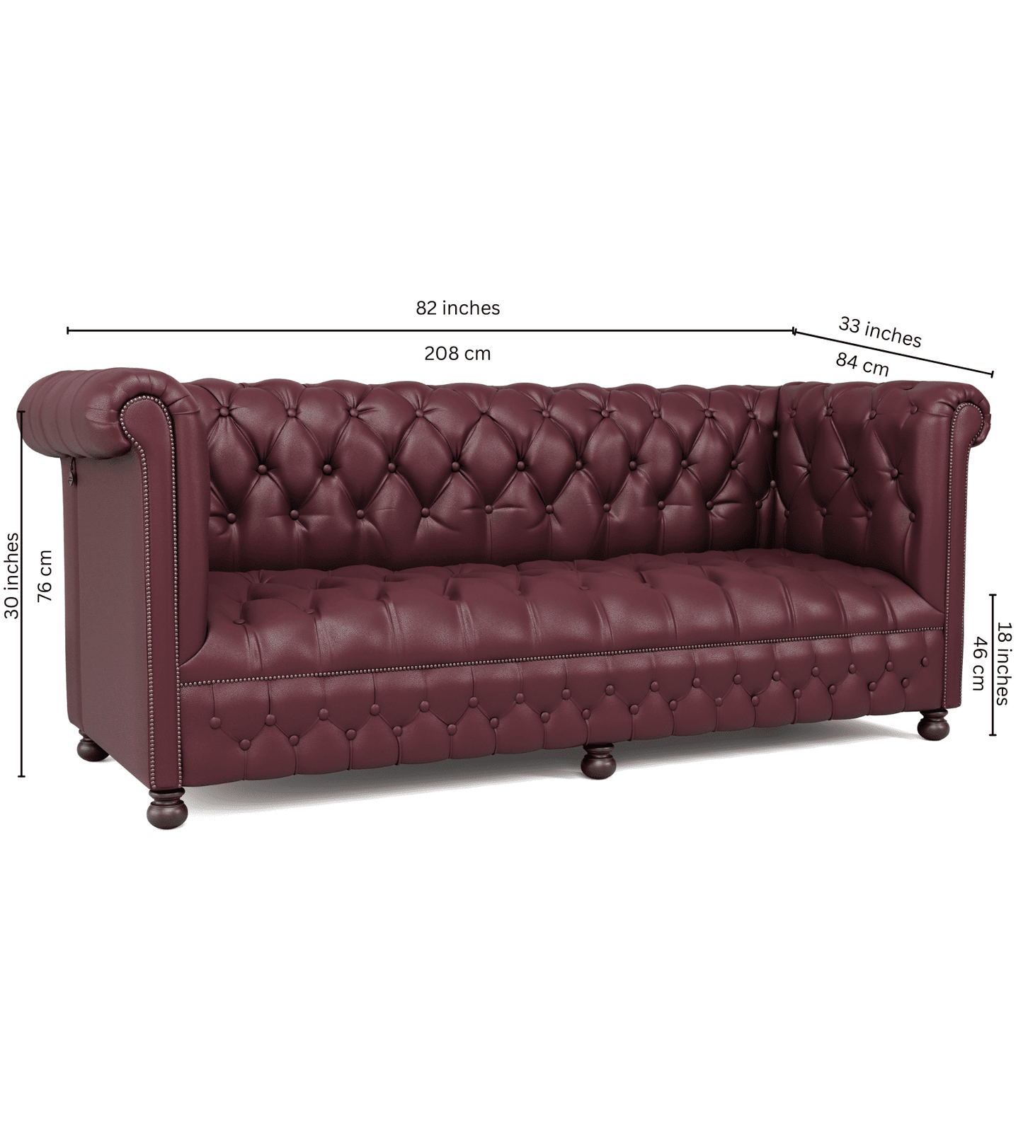 Chelsea Italian Leather Sofa 3 Seater in Berry