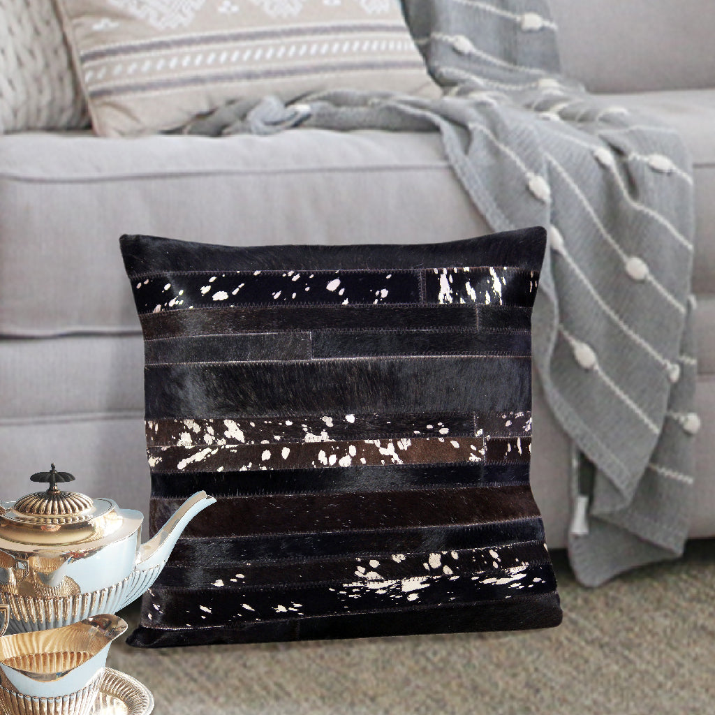 Black and Silver Hair On Leather Pillow Cover