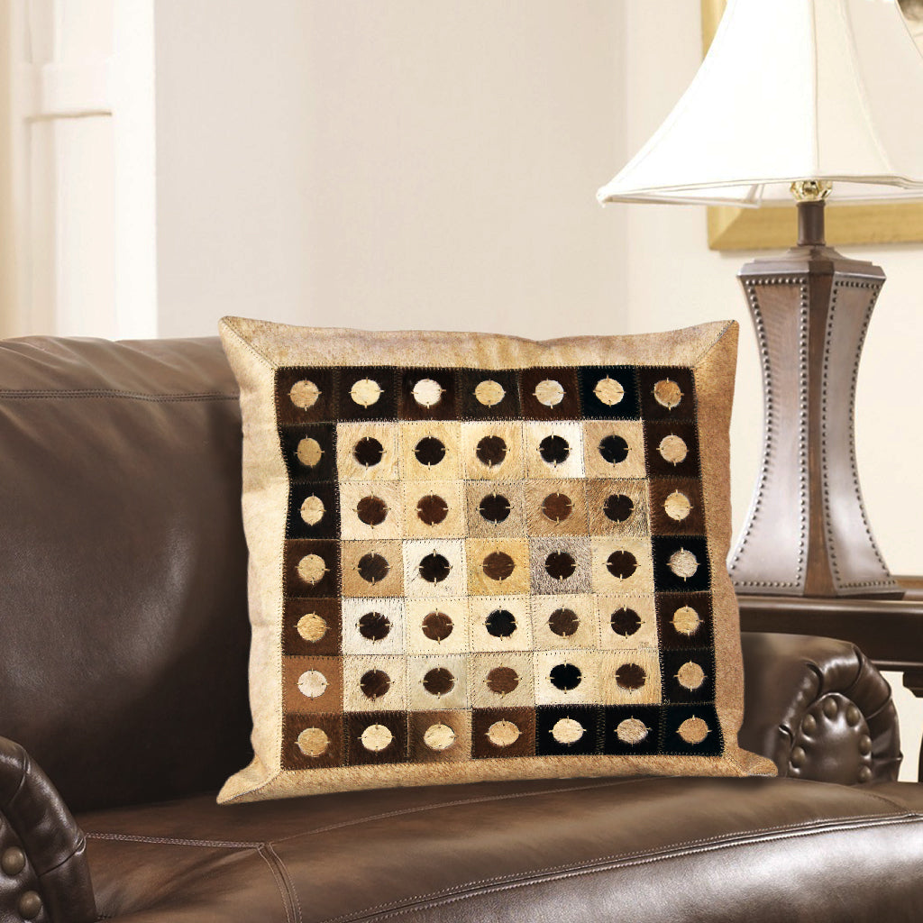 Designer Beige & Tan Hair On LeatherCushion Cover