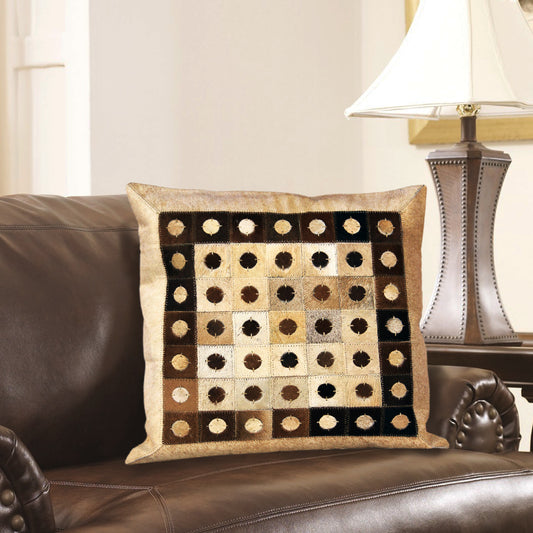 Designer Beige & Tan Hair On LeatherCushion Cover