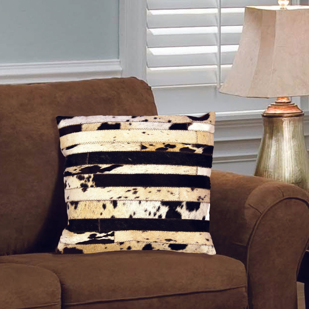 Designer Chocolate and White Hair On Leather Pillow Cover