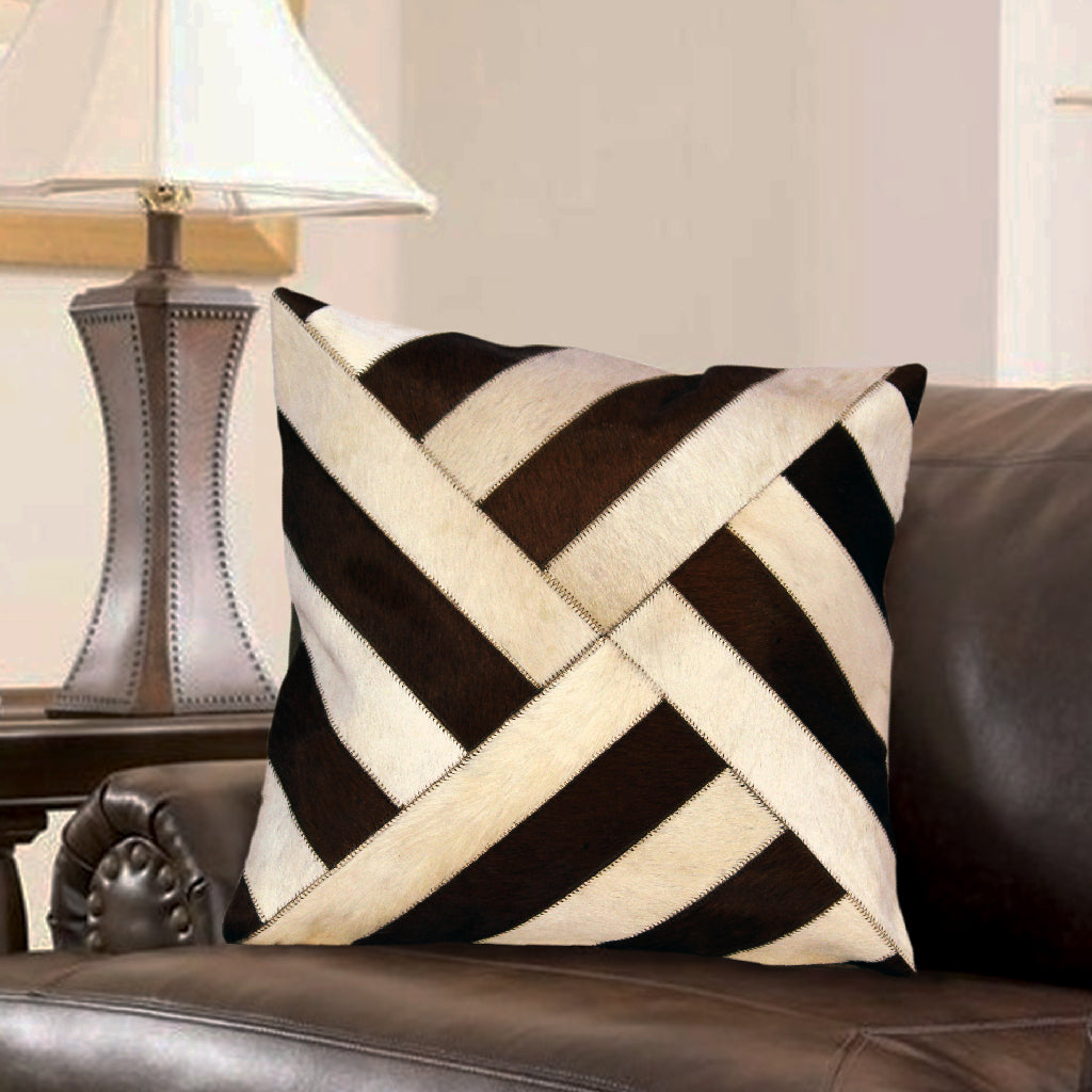 Designer Tan and White  Hair On Leather Cushion Cover